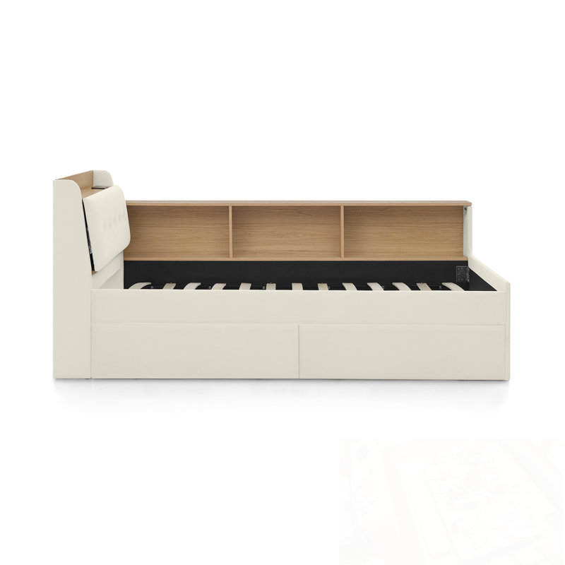 Lit de jour simple en velours avec tête de lit, chargement sans fil, deux tiroirs et lumières DEL, Beige