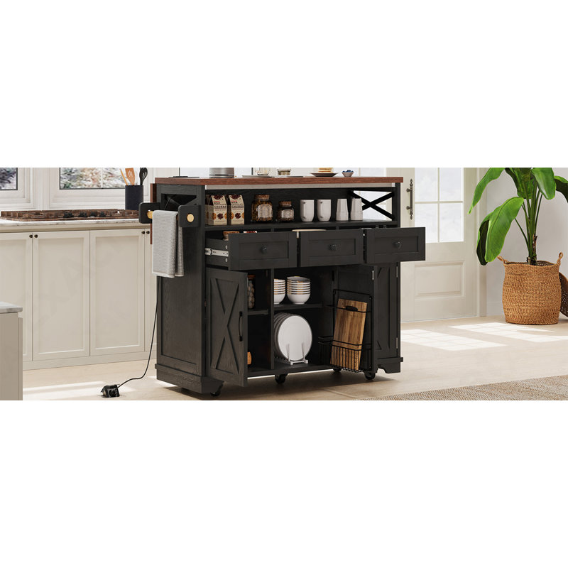 46.5'' Farmhouse Kitchen Island With Drape Of Beads, Power Outlet, Rolling Kitchen Cart On Wheels With Drop Leaf, 3 Doors , 3 Drawers And Internal Iron Shelf, For Kitchen, Dining Room, Black