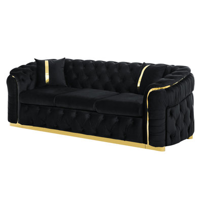 Living Room 90.6 Inches Velvet Couch, 3 Seater With 2 Pillows, Button Gold Stainless Steel Accents Luxury Spacious Black For Style