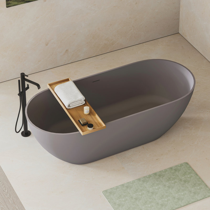 63" Freestanding Soaking Bathtub Of Solid Surface With Matte Grey Finish, Overflow And Center Drain, Fashionable Design 63-Inch In Grey, , Ample Bathing Space