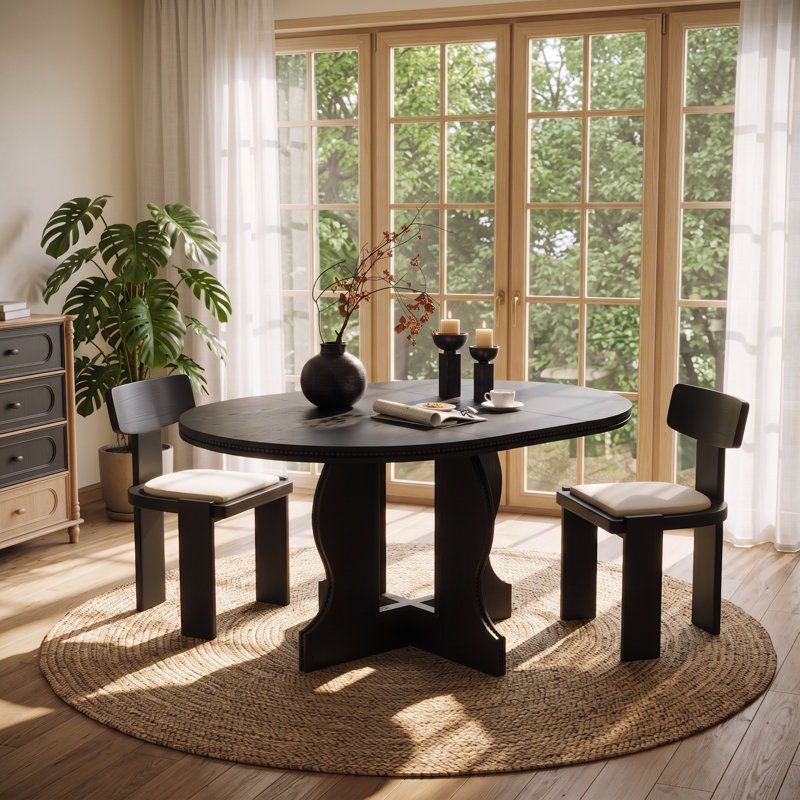 Table de salle à manger ovale extensible RARLON en MDF, dimensions : 110 cm (L) x 110 cm (P) x 151 cm (H).