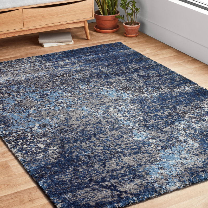 Tapis bleu marine à motif abstrait Abbie, Rectangulaire 7 pi 7 po x 10 pi 6 po