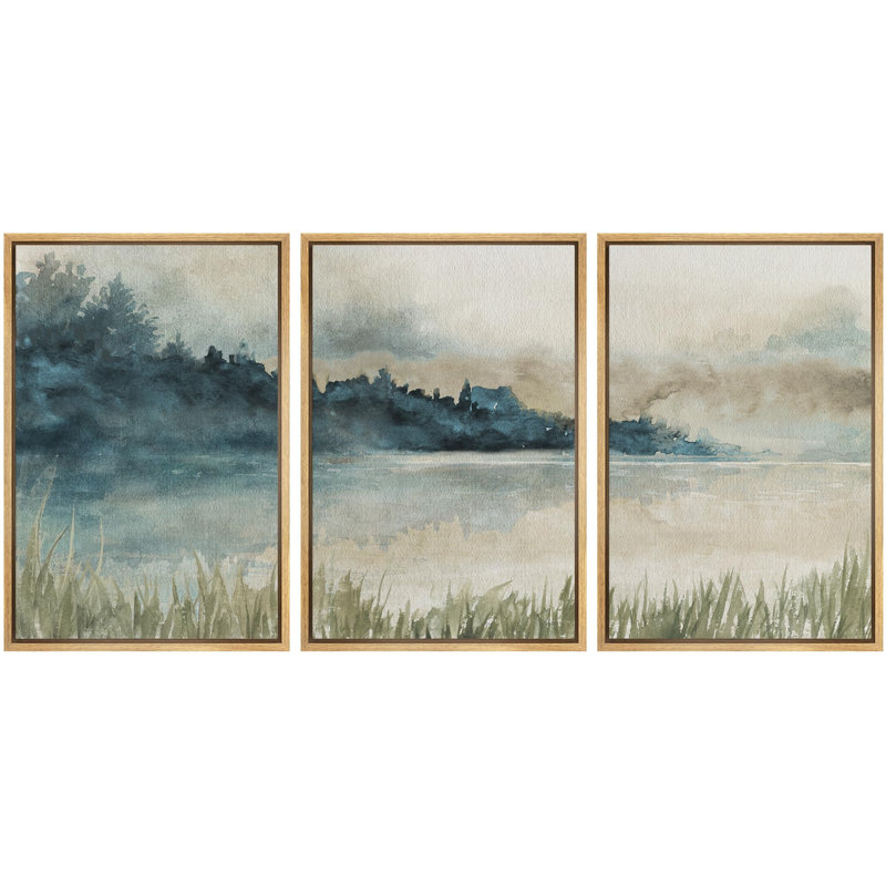 "Dusk Hues, aquarelle abstraite, paysage paisible, lac, nature sauvage, illustrations, décor moderne", 3 pièces, Naturel