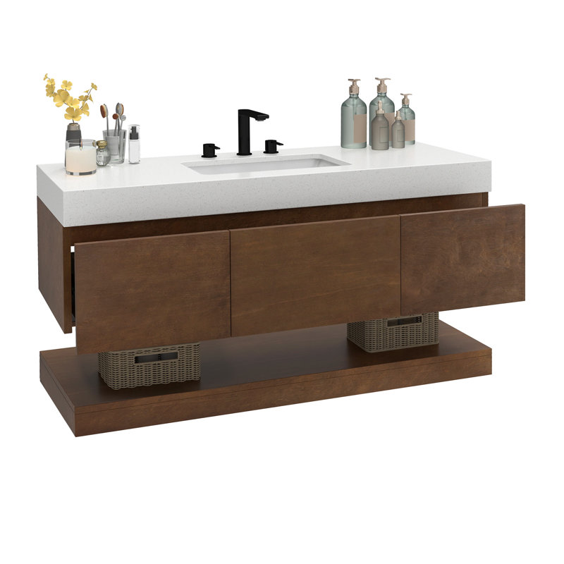 48" Modern Wall Mounted Bathroom Vanity With Engineered Stone Top, Brown