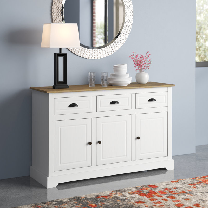 52" Solid Pine Sideboard Cabinet with 3 Doors 3 Drawers and Adjustable Shelf, White/Brown