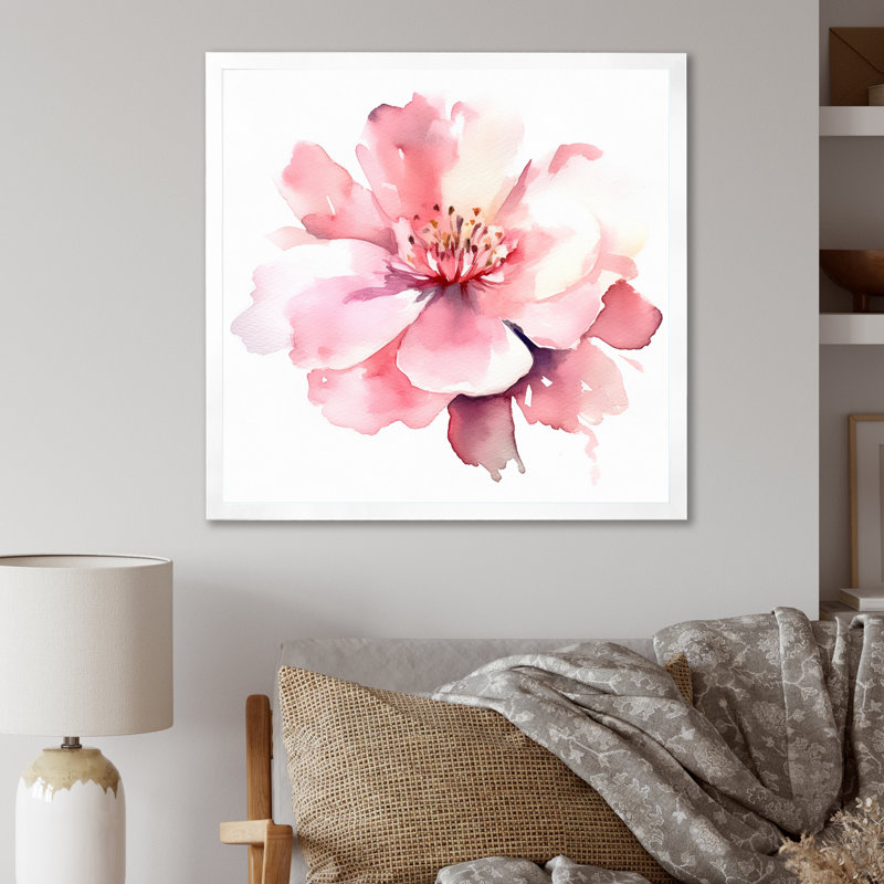 Délicate fleur d'hibiscus rose I sur toile, Cadre simple blanc, H 24 po x l 24 po x P 1 po