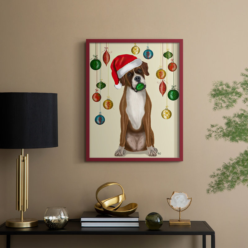 «Christmas Boxer and Bauble Ball», reproduction encadrée - bois massif, H 11 po x l 9 po, Rouge