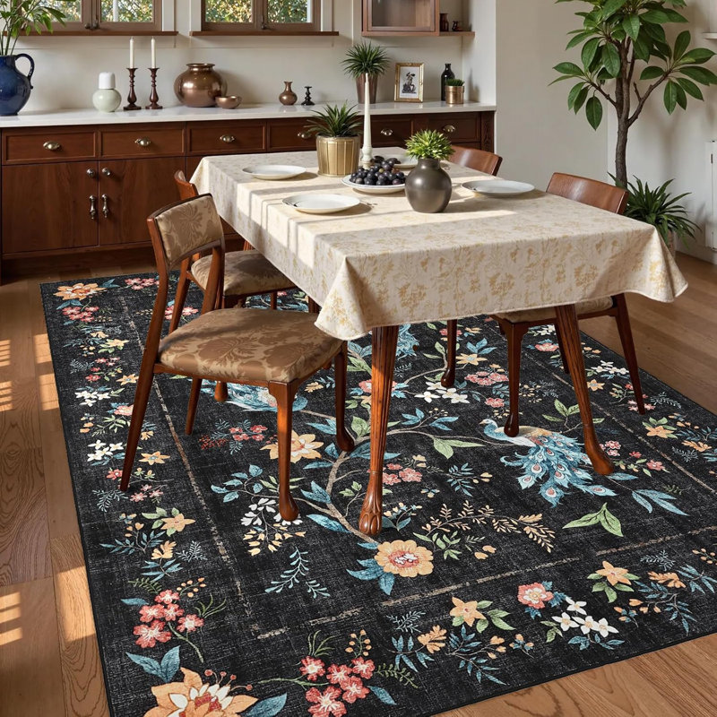 2x6 Black Washable Runner Rug – Floral Peacock Design, Non-Slip, Stain-Resistant Mat for Bedroom, Kitchen, Bathroom