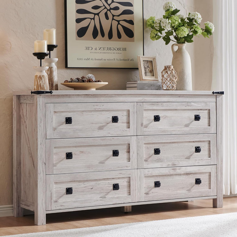 Commode double à 6 tiroirs Grantville Farmhouse, Blanc antique brossé
