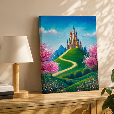 Canvas A Whimsical Fairy Tale Landscape Featuring A Majestic Castle Perched Wall Art Atop A Lush Green Hill Surrounded By Vibrant Pink Canvas Wall Art