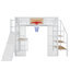 Lit mezzanine double en métal avec bureau intégré, garde-robe ouverte, panier de basketball, glissade et escalier, blanc