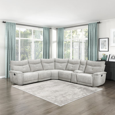  Achernar 119" Modern & Contemporary Textured Fabric 6-Piece Modular Reclining Sectional with 3 Integrated Recliners & Console with Stainless Steel Cupholders