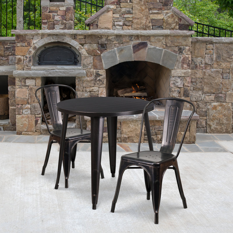 Brinson Round Steel Bistro Set, Black/Antique Gold, 17.5"