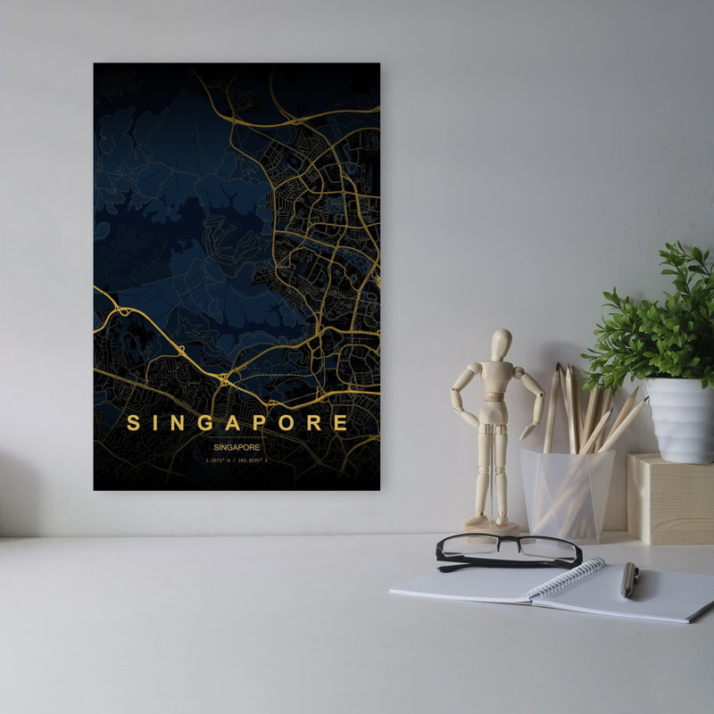 Singapore Urban Map Abstract Modern City Landscape Wall Art Print 1 Piece Wrapped Canvas Wall Art, 45.72cm H x 30.48cm W