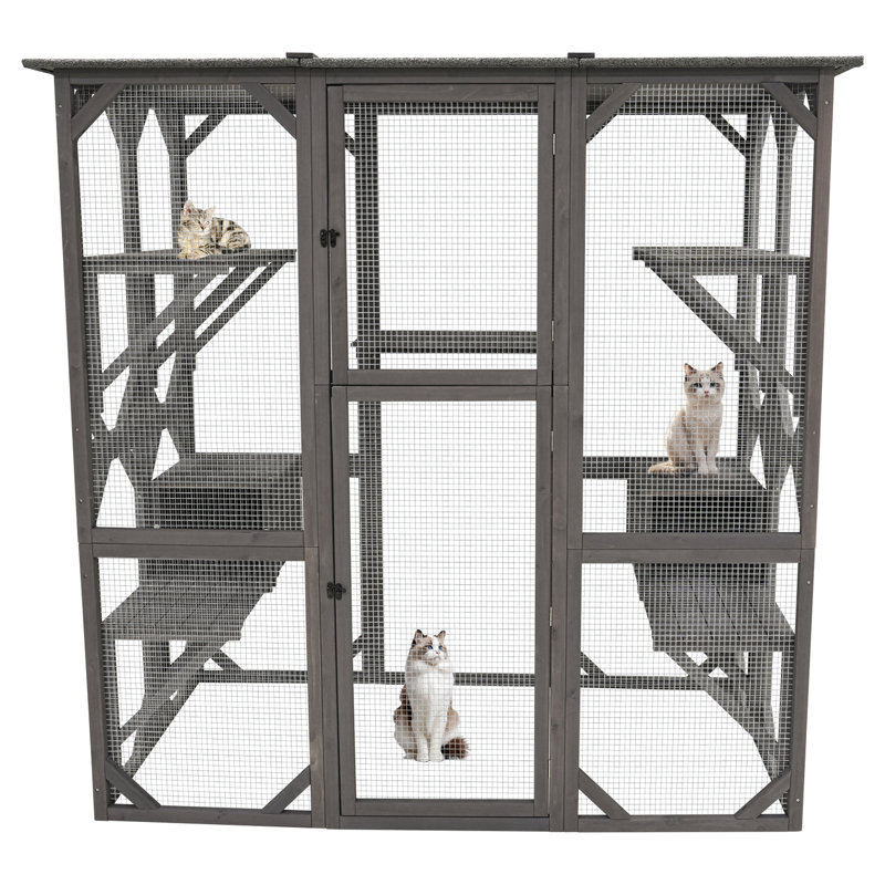 Bois massif avec plateau coulissant et deux maisons de couchage - Abri pratique Cage à chat grise Sept plateformes de saut
