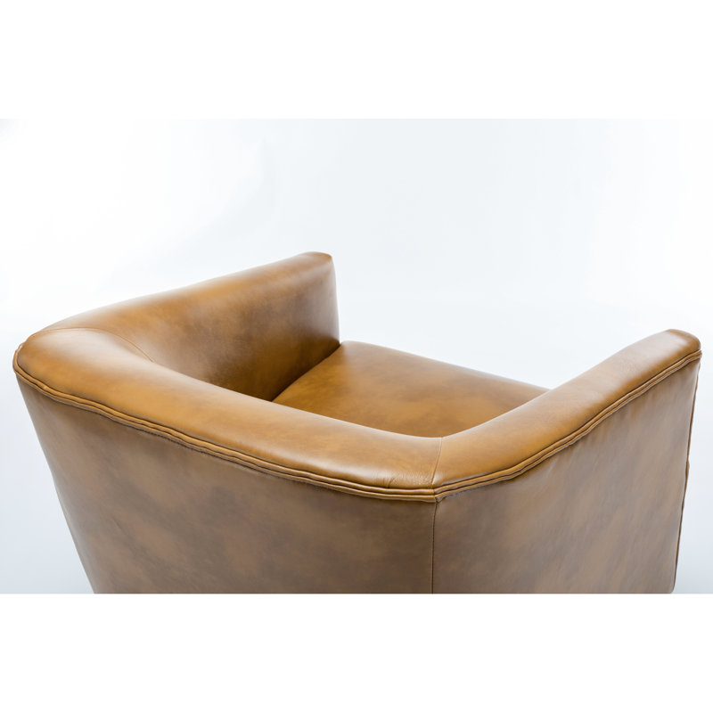 Fauteuil pivotant à base de bois - similicuir brun clair, chaise en cuir au design douillet, fabrication en bois franc, look élégant