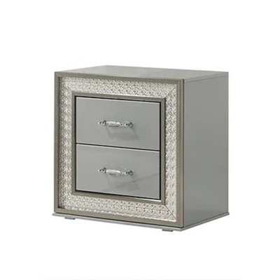 Cyl Nightstand With 2 Drawers, Scale Molding Trim, Metallic Gray Wood