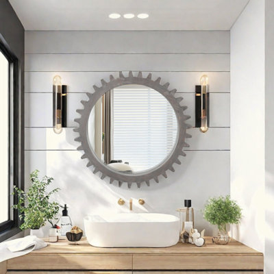 Vintage Wood Round Hanging Gear Shape Heavy Decorative Mirror For Bathroom Living Room Entryway Or Put Together To Your Liking