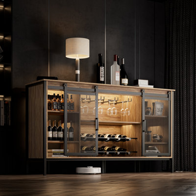 Buffet de 55 po de largeur avec portes de grange coulissantes, armoire à café avec porte-bouteilles et table basse avec lumières DEL