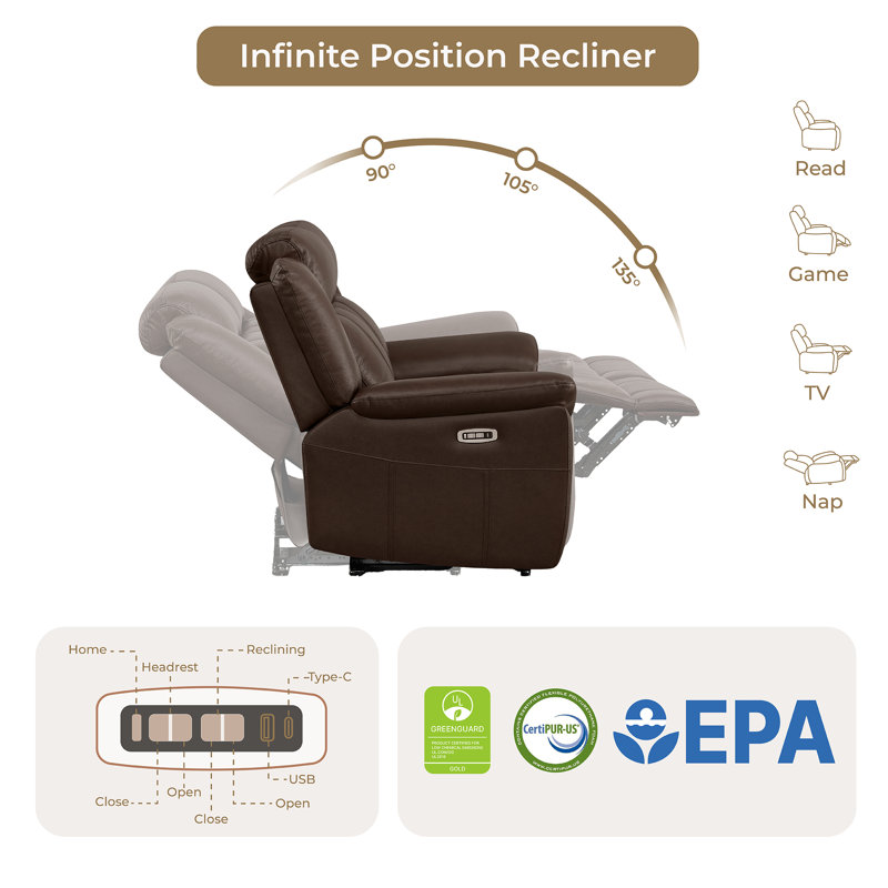 3-Seat Dual Motor zero clearence recliner Genuine Leather Power Recliner Sofa With Power Headrest And Console, Dark Brown