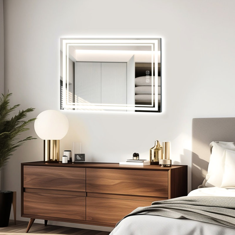 Miroir de salle de bain 36 po x 28 po à DEL, écran plat de 5 mm, intensité variable en continu 3 couleurs, 5 minutes, avant et rétroéclairé, Cri90 +, fonction de mémoire associée au miroir 36 po x 28 po, réflexion HD, réglable,