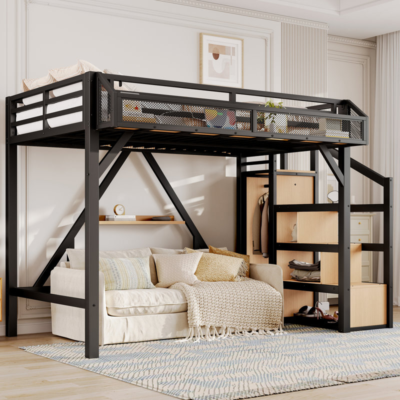 Twin XL Loft Metal Bed with Storage Stairs, Shelves & Wardrobe, USB Ports & LED Lights, Noise-Reduced, Space-Saving, Natural Wood