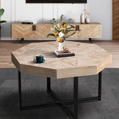 Table basse octogonale de style rétro, 30 po, table en bois, pieds en métal croisés, trois choix de couleurs disponibles, concepts offerts, variations offertes