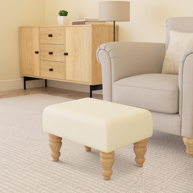 Large Footstools Wood Turned Leg , Natural, Style Leather, Chalk Cream