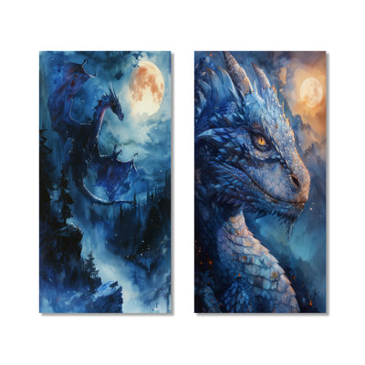 «Blue Moonlit Flight Dragon I», ensemble de 2 grandes décorations murales en métal Mythical
