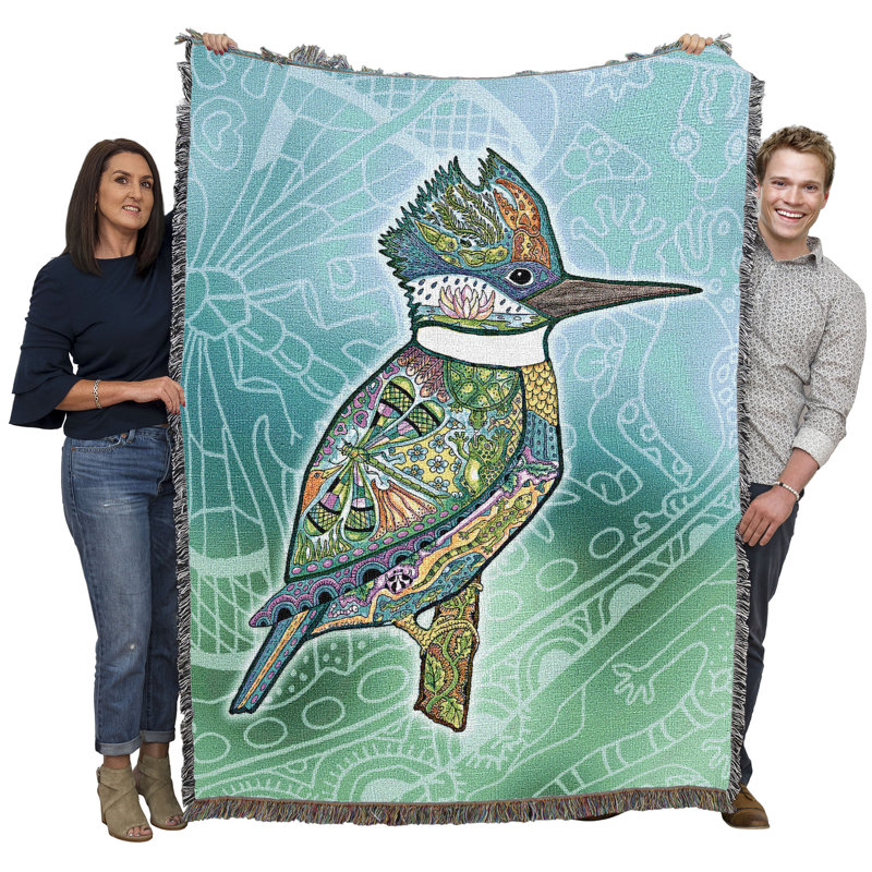 Couverture jetée en tapisserie « Kingfisher - Animal Spirits Totem » de Sue Coccia, tissée en coton, fabriquée aux États-Unis (72 x 54 pouces).