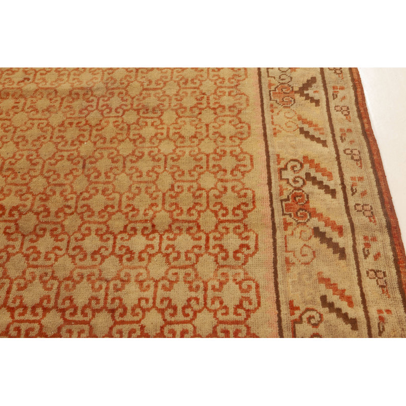 Tapis rétro en laine fait à la main beige / brun / orange Samarkand Mid-Century 3 pi 9 po x 6 pi 3 po