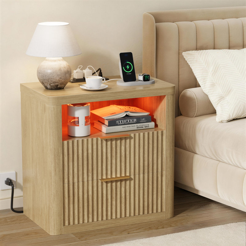 Nightstand with Charging Station & LED Lights, 23'' Wide Heavy-Duty Modern End Table with 2 Drawers & Thickened Top, Bedside Table for Bedroom, Living Room