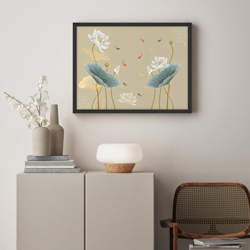 Delicate Lotus Flowers and Playful Koi Fish in Asian-Inspired Design Prints Rustic Framed Poster, 11" H x 14" W, Black