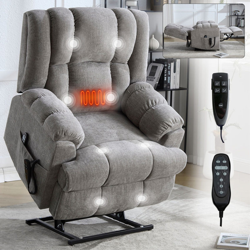 Electric Power Lift Chenille Recliner With Heat And Massage, Light Gray