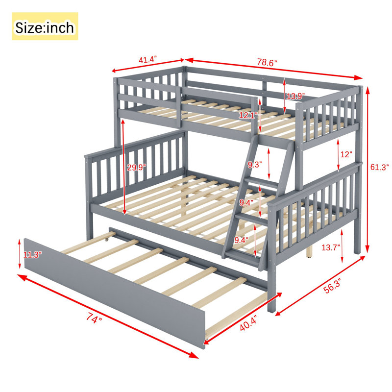 Solid Wood Twin Over Full Bunk Bed with Twin Size Trundle, Convertible Bunk Bed with Ladder and Guardrail for Boys& Girls