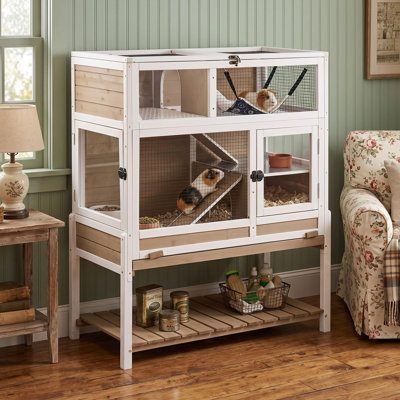 3-Story Wooden Guinea Pig Cage & Indoor Rabbit Bunny Hutch with Detachable Stand, Pull Out Tray, Anti-Chewing Ramp, Easy to Clean, Brown