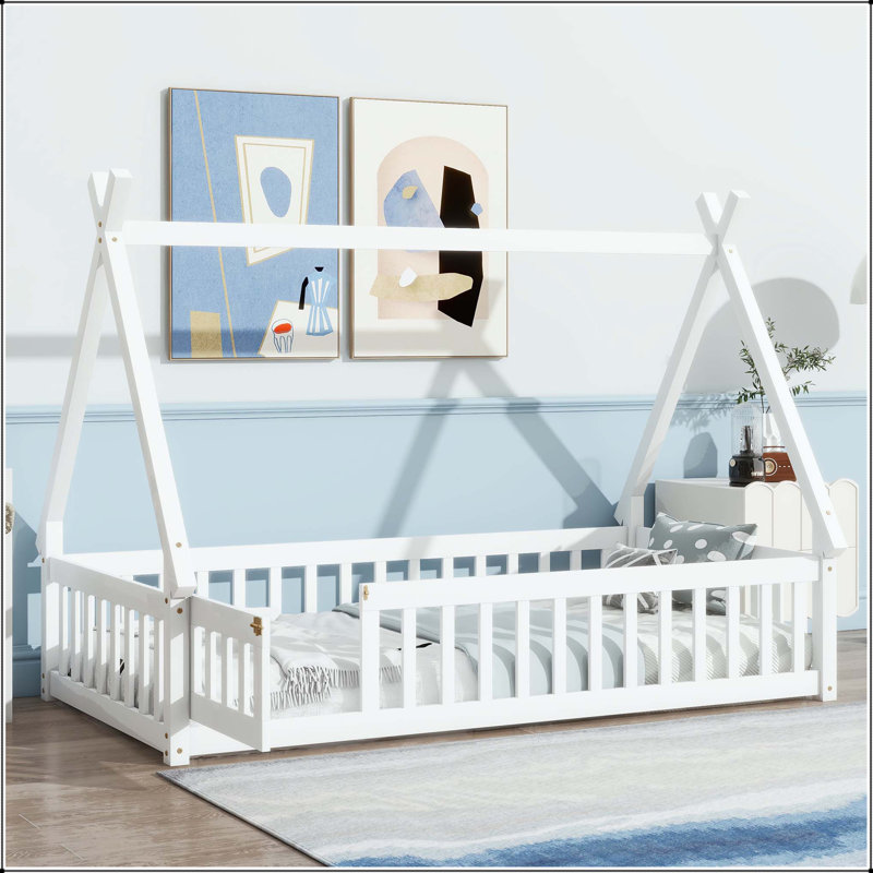 Lit simple en forme de tente - tipi avec garde-corps et porte, Twin, Blanc