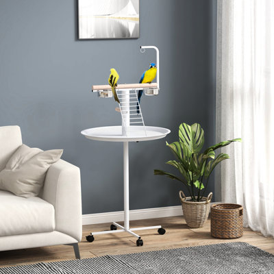 White Bird Perch Stand For Fun Times - With Wheels, Perches, Stainless Steel Bowls, And Tray Small Parrots, , Has Wheels Mobility Entertainment, Perches Exercise Bonding, Round