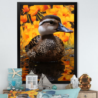 Brun et jaune, bébé canard au lac - Art mural animal canard