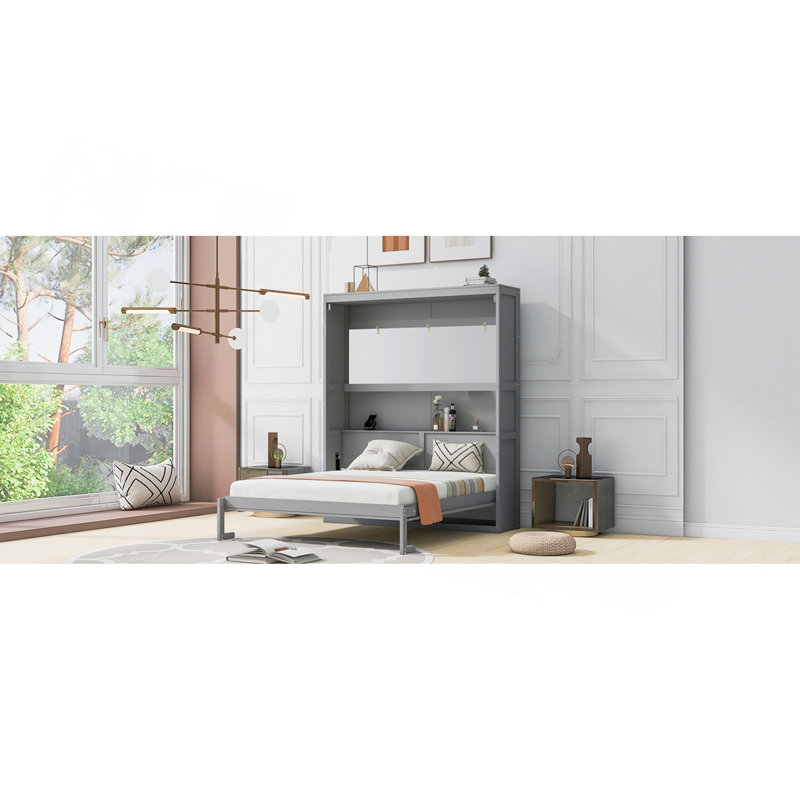 Grand lit escamotable mural avec tablettes, gris