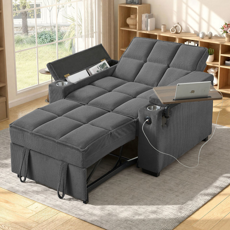 43.5" Sleeper Chair Bed, 3-in-1 Convertible Sleeper Sofa Chair with Adjustable Backrest&USB&Table&Cup Holder, DarkGray