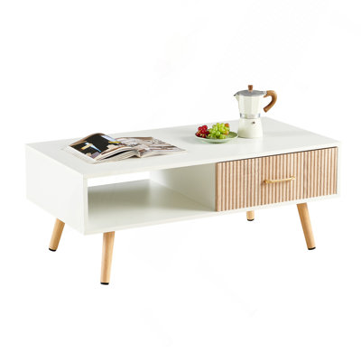 Rectangle Coffee Table With, Sliding Drawer For Storage, Modern Table For Living Room , White