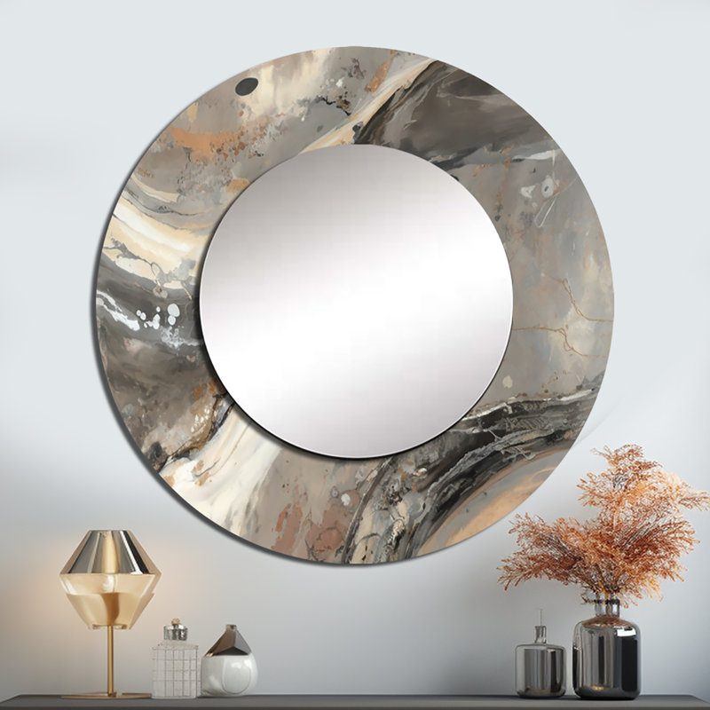 Morning Effervescence I - miroir abstrait, miroir mural rond gris unique, impression sur métal, 29 po x 29 po