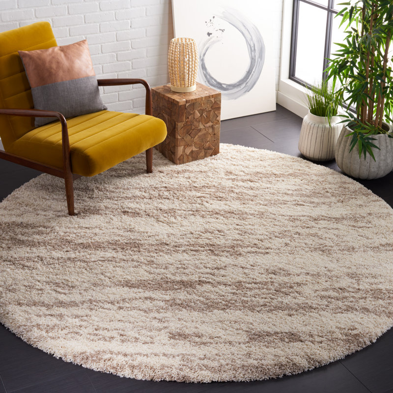 Hudson Shag Striped Area Rug In Ivory / Beige, Round 213 cm