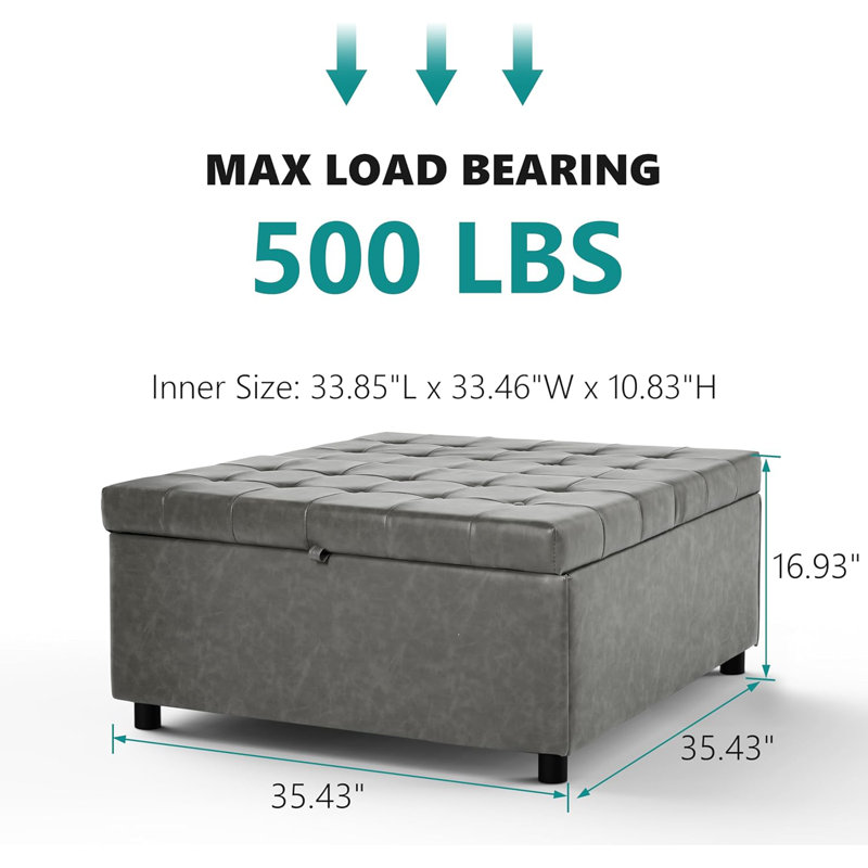 35.5 Inch Large Square Storage Ottoman, Gray