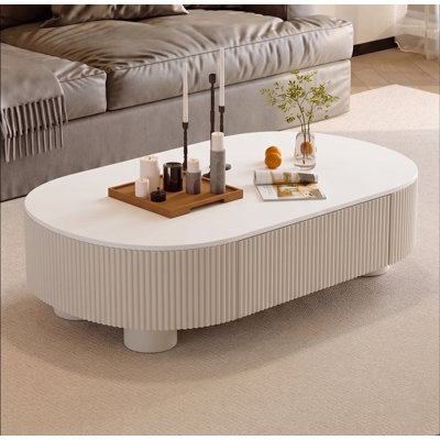 Table basse ovale cannelée moderne 47 "avec tiroirs, plateau en ardoise blanc crème