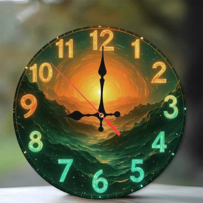Horloge avec coucher de soleil sur les montagnes