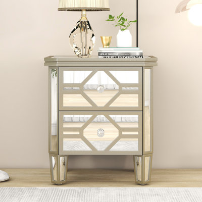 Elegant Mirrored 2-Drawer Side Table With Golden Lines For Living Room, Hallway, Entryway