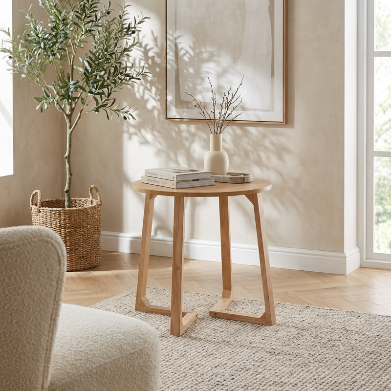 Table de bout ronde moderne avec pieds en forme de V, table d'appoint en bois massif