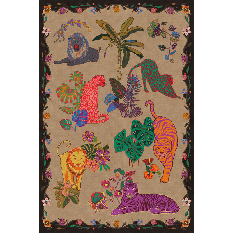 Oriental Animal Print with Tropical Botanical Floral Machine Washable Area Rug, Rectangle 6' x 9', Taupe and Black